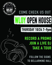 black, green, and white flyer advertising WLOY open house thursday / WLOY