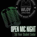 open mic night / black backrgound with green microphone and white writing / WLOY