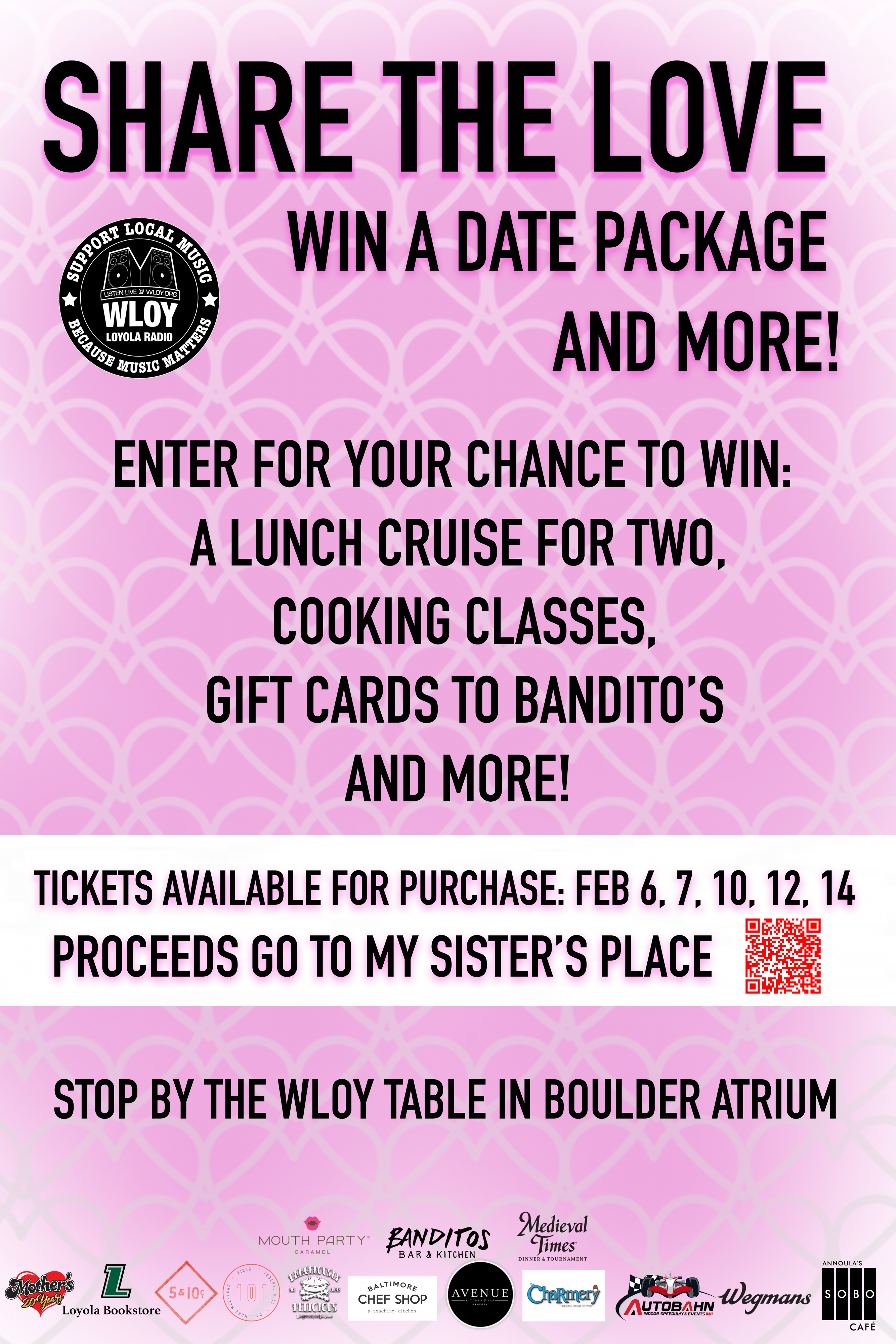 pink poster / share the love / valentines day raffle / WLOY